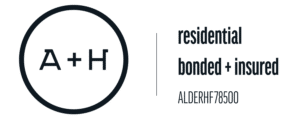 Black A+H logo in a circle on the left; on the right, text reads “residential bonded + insured ALDERHF78500” in a modern sans-serif font on a light background—ideal for finish carpentry projects Seattle homeowners trust.